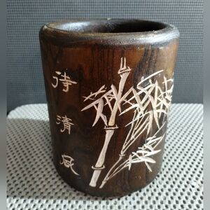 Vintage Chinese Hand Carved Wood Brush Pot / Pen Holder